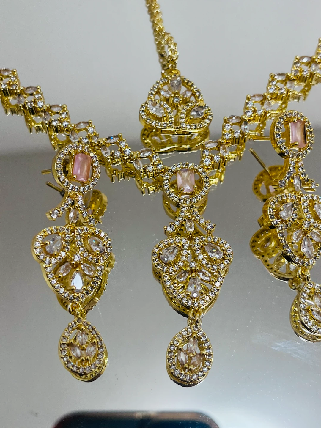 Gold-tone Necklace and Earring Set with Pink and Clear Stones - photo 3