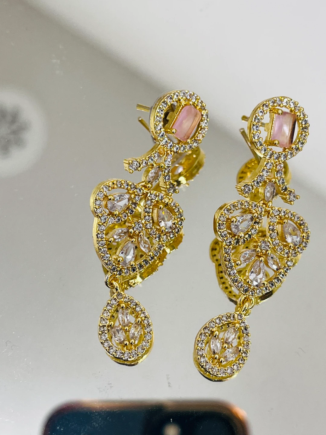 Gold-tone Necklace and Earring Set with Pink and Clear Stones - photo 4
