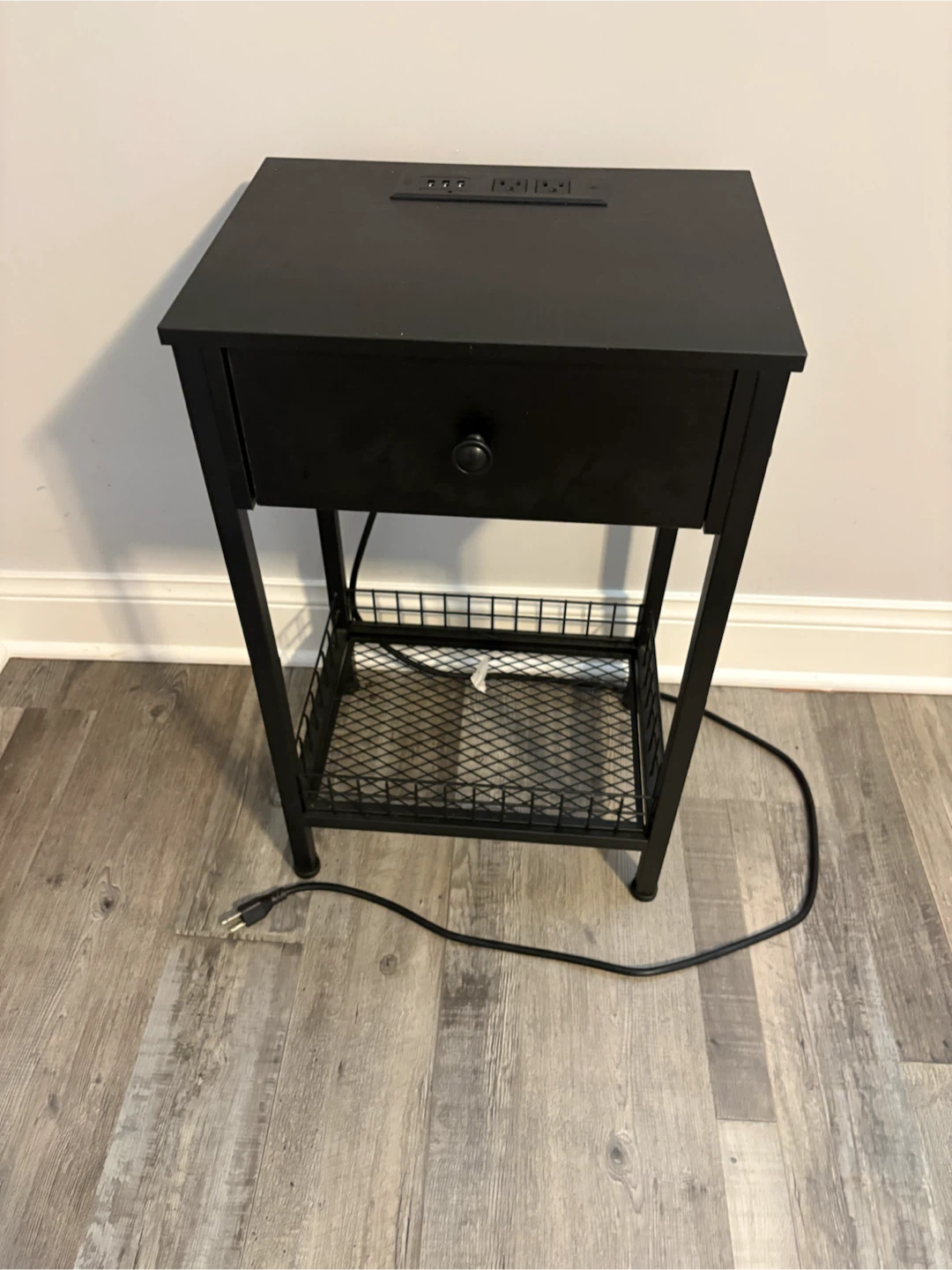 Black Nightstand with Built-in Outlet and USB Ports