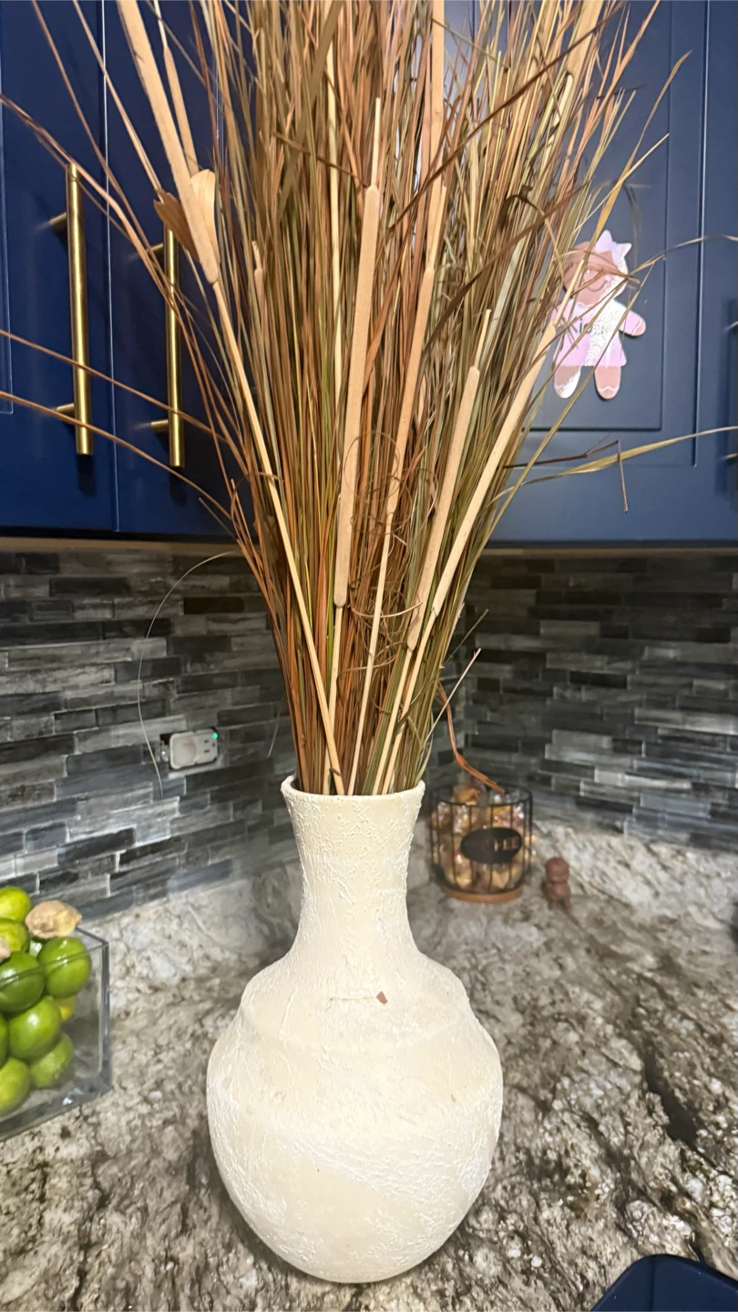Dried Cattail and Grass Arrangement in Textured Vase