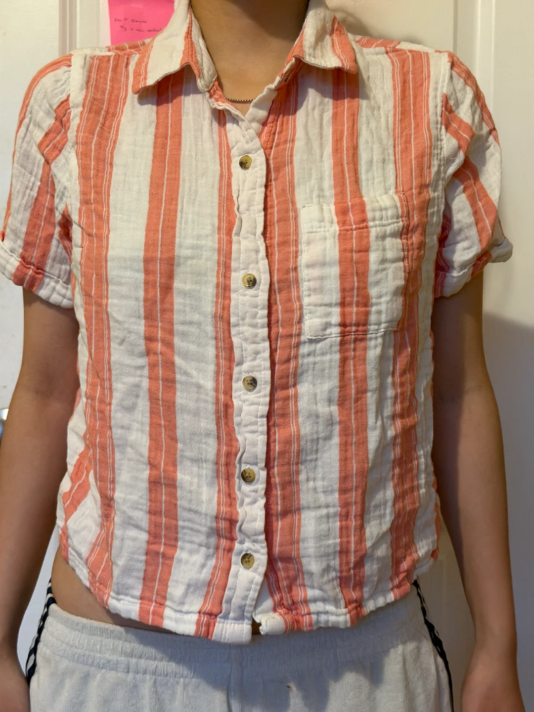Orange and White Striped Button-Up Shirt - photo 2