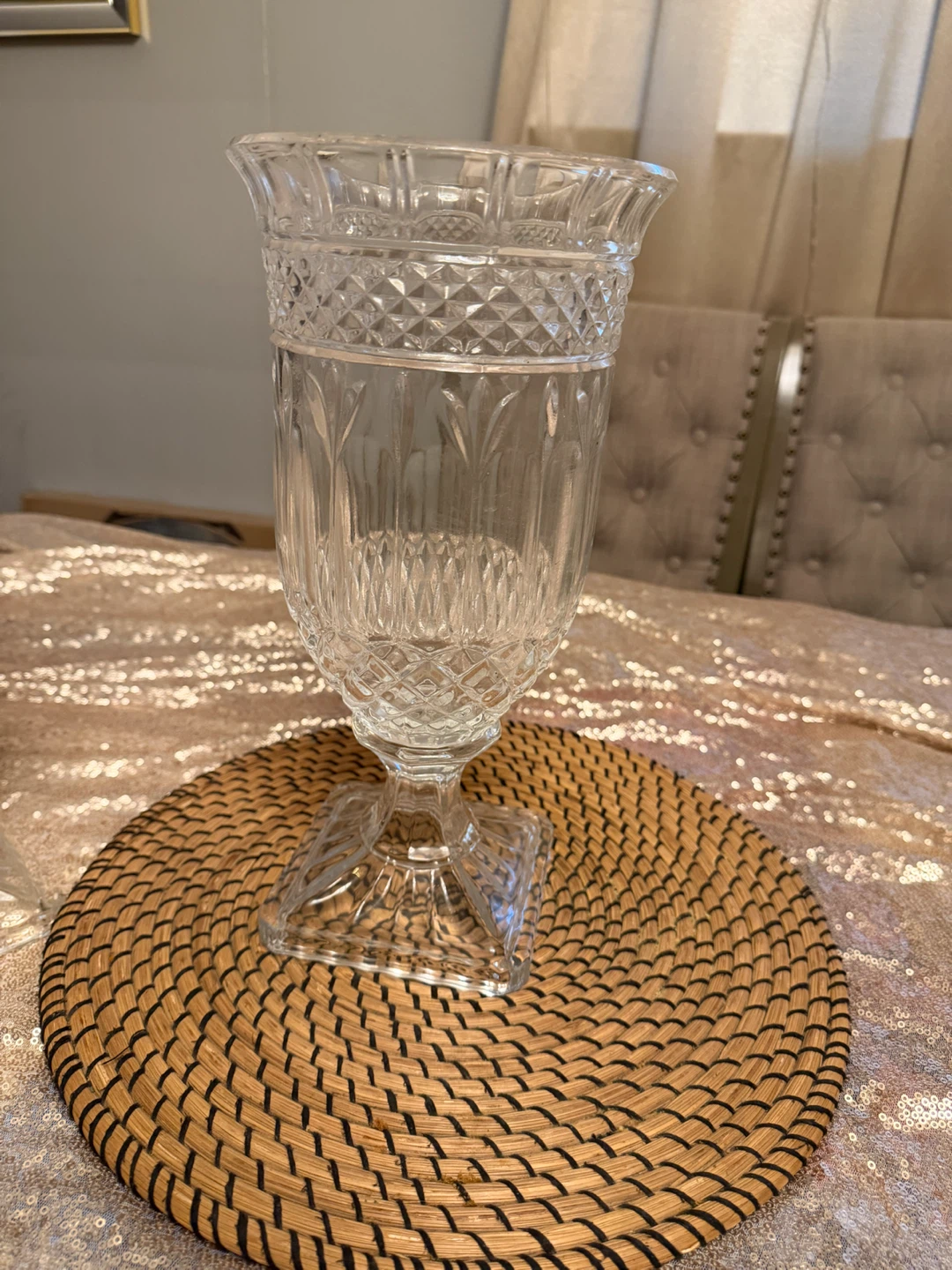 Set of 2 Clear Glass Pedestal Vases, one price $10, 2 prices &12