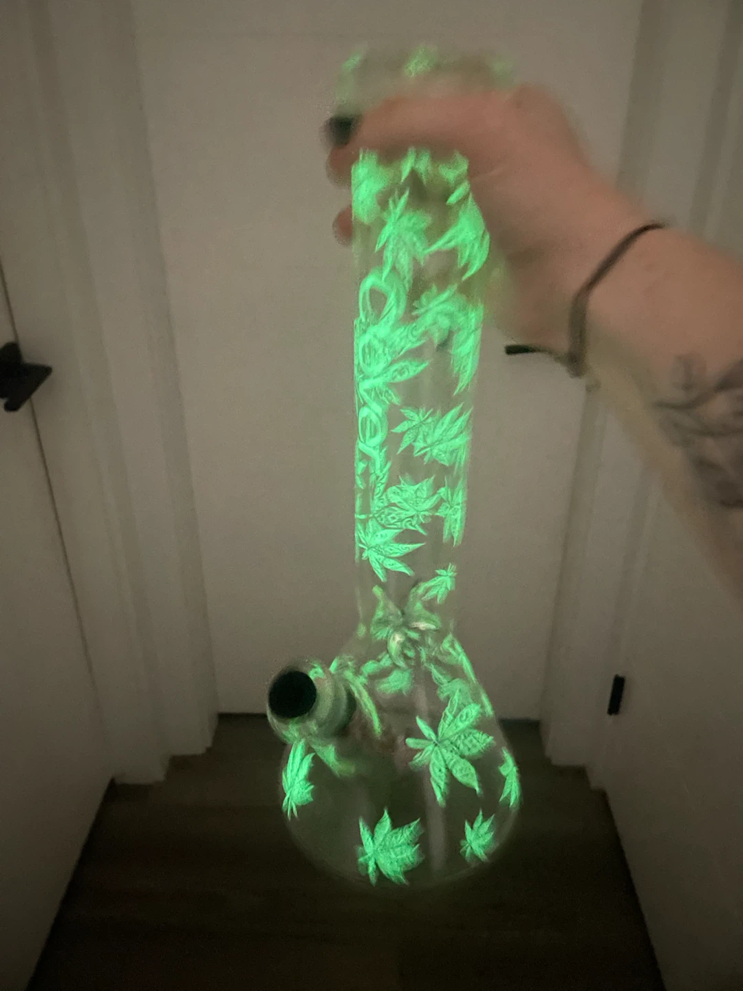 Glow in the Dark Glass Bong with Red and White Striped Downstem - photo 5