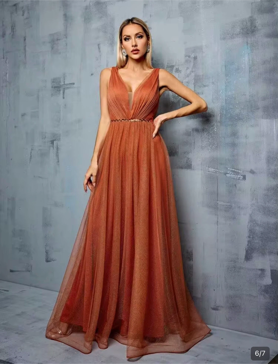 Women's Orange Tulle Evening Gown