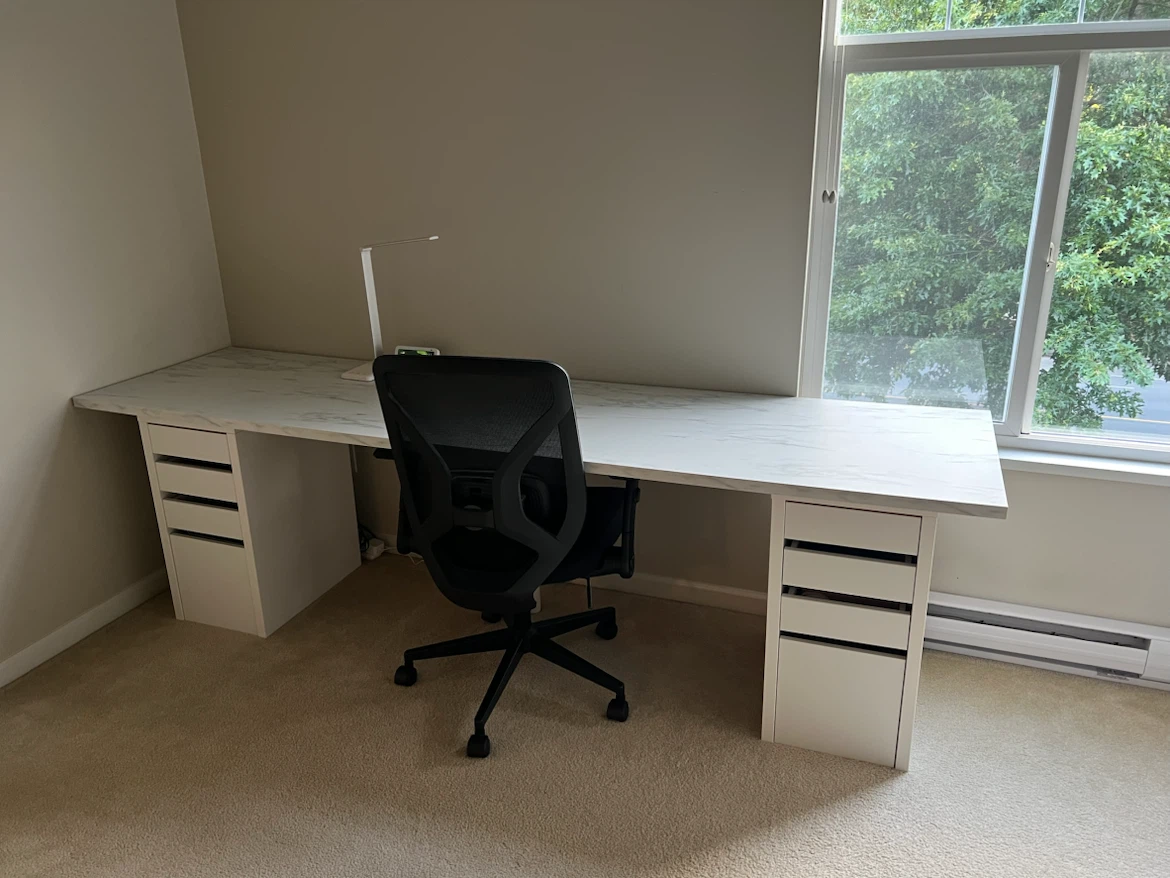 Large white desk with marble-look top and storage drawers - photo 2