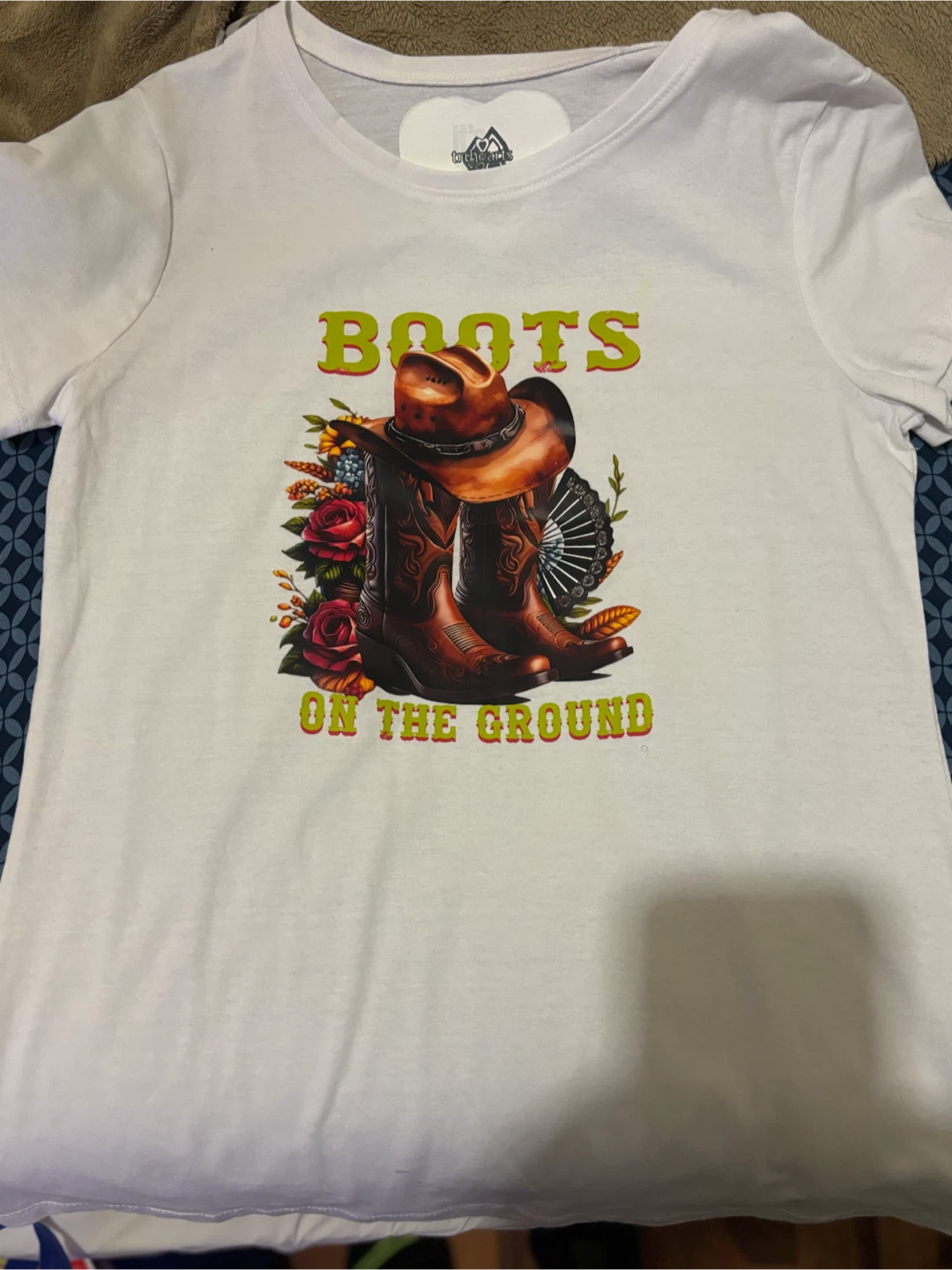 White T-Shirt with Boots on the Ground Graphic