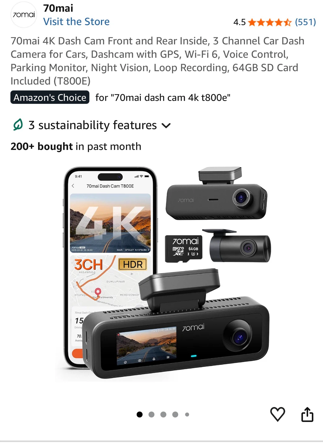 70mai Dash Cam 4K T800E Set 512GB SD Card - photo 2
