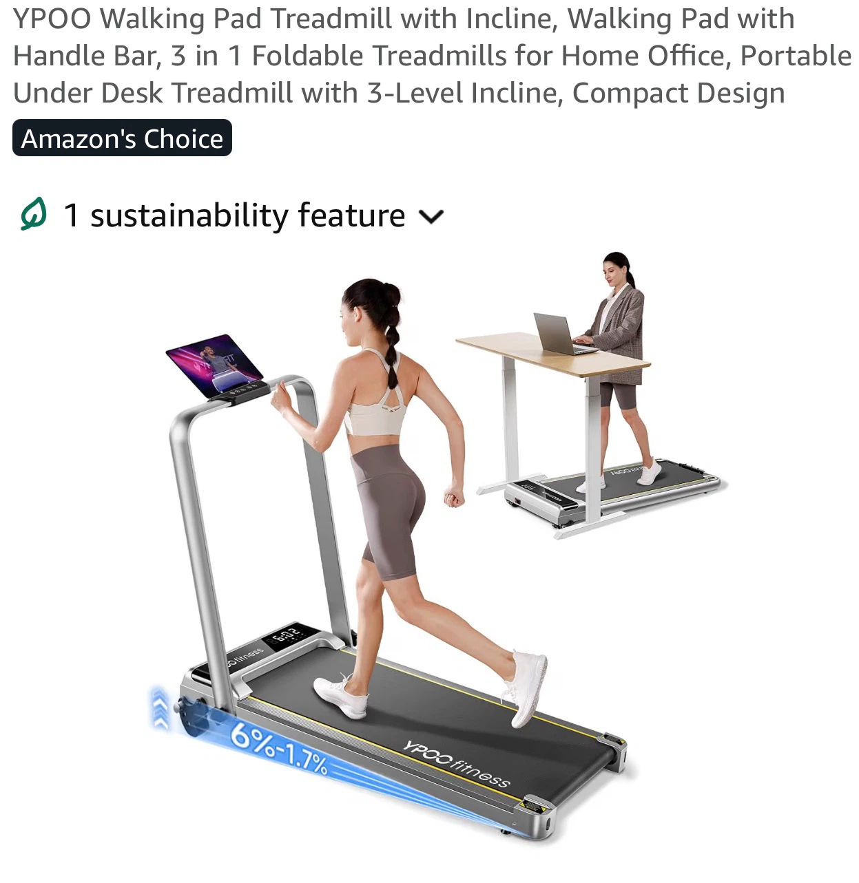YPOO 3-in-1 Walking Pad Treadmill with Incline