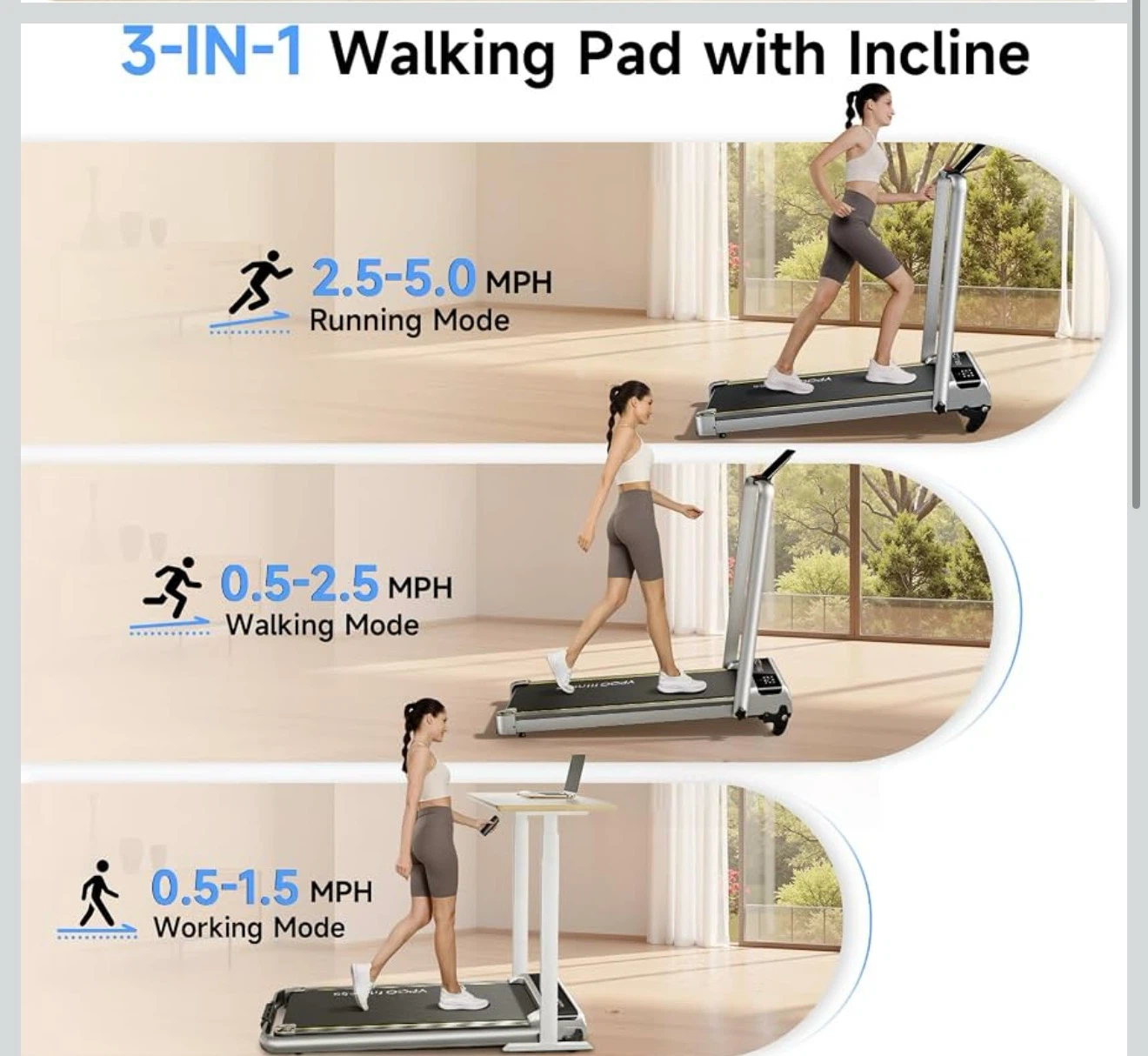 YPOO 3-in-1 Walking Pad Treadmill with Incline - photo 3