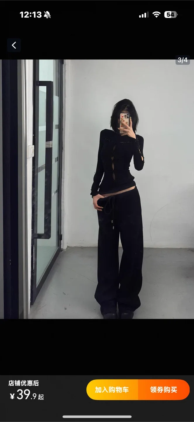 Black Cut-out Long Sleeve Top & Pants Set - photo 3