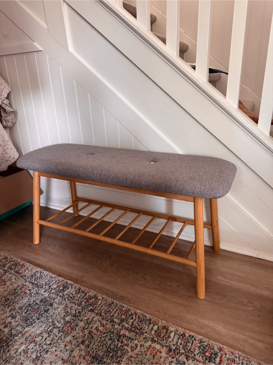 Grey Upholstered Bench with Shoe Rack