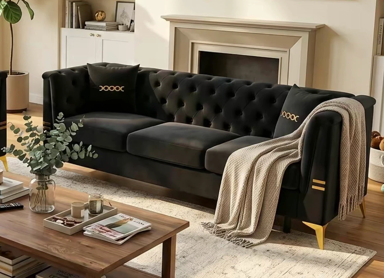 Black Tufted Sofa with Gold Accents - photo 2