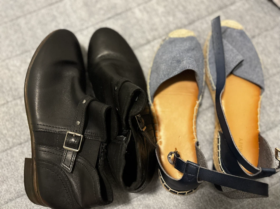Old Navy Espadrille Flats and black Clark’s ankle boot