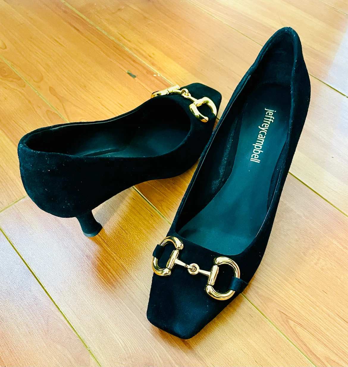 Jeffrey Campbell Black Suede Heels with Gold Buckle