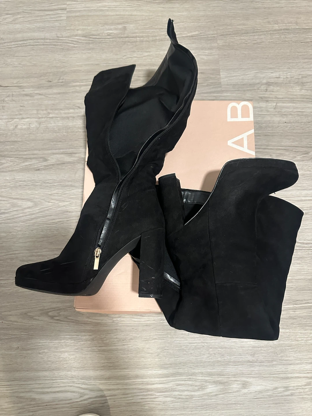 Black Suede Block Heel Knee-High Boots - photo 2