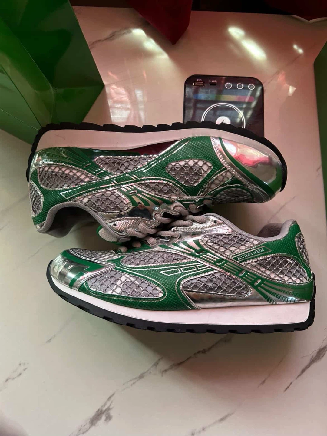 Bottega Veneta Green Silver Mesh Sneakers - photo 2