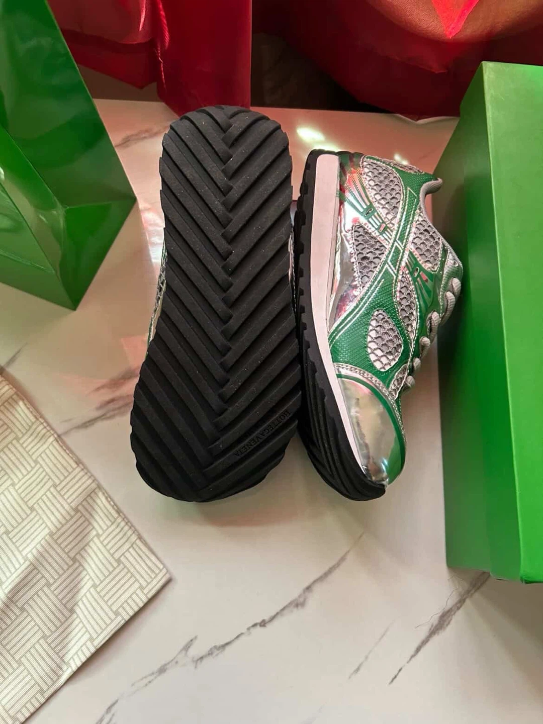 Bottega Veneta Green Silver Mesh Sneakers - photo 3