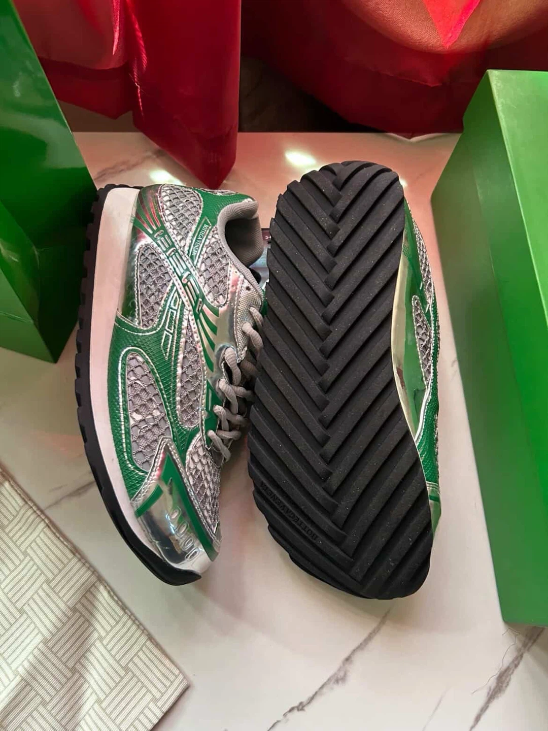 Bottega Veneta Green Silver Mesh Sneakers - photo 4