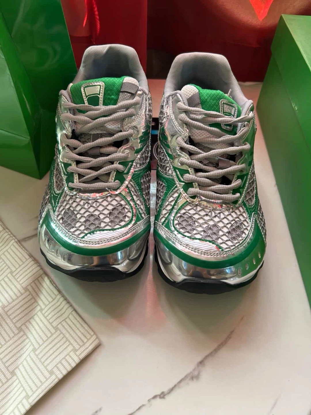 Bottega Veneta Green Silver Mesh Sneakers - photo 5