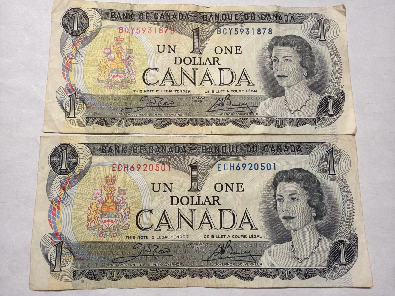 Two Canadian One Dollar Bills - 1973