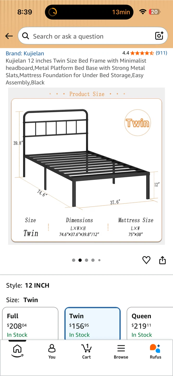 Kujielan Twin Size Metal Bed Frame, Black - photo 2