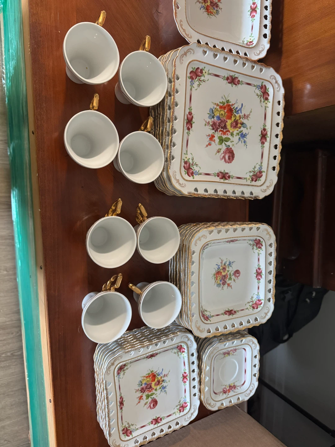 Vintage Floral Porcelain Tea Set with Cups and Saucers