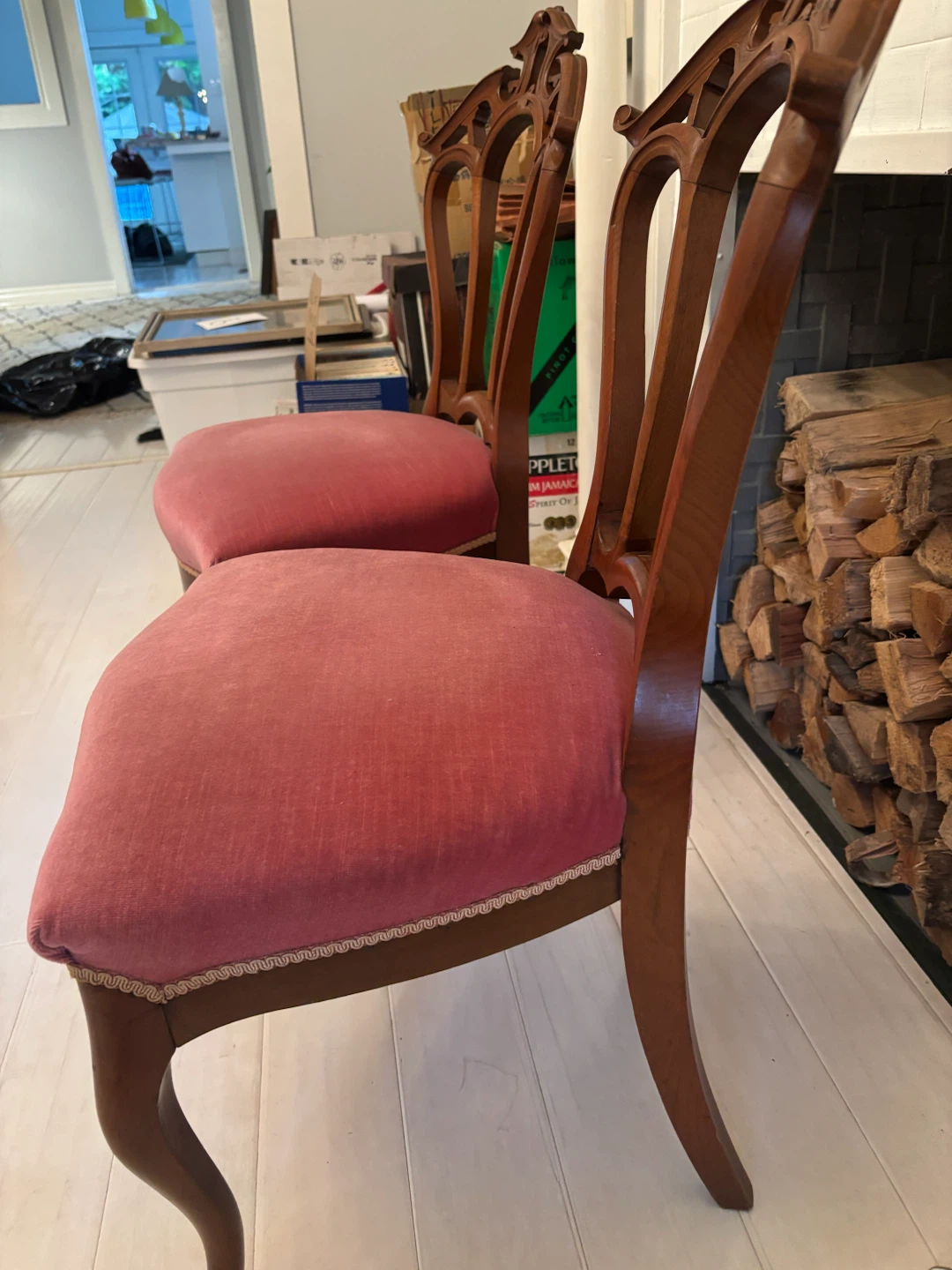 Set of Queen Anne replica chairs with velvet seats.