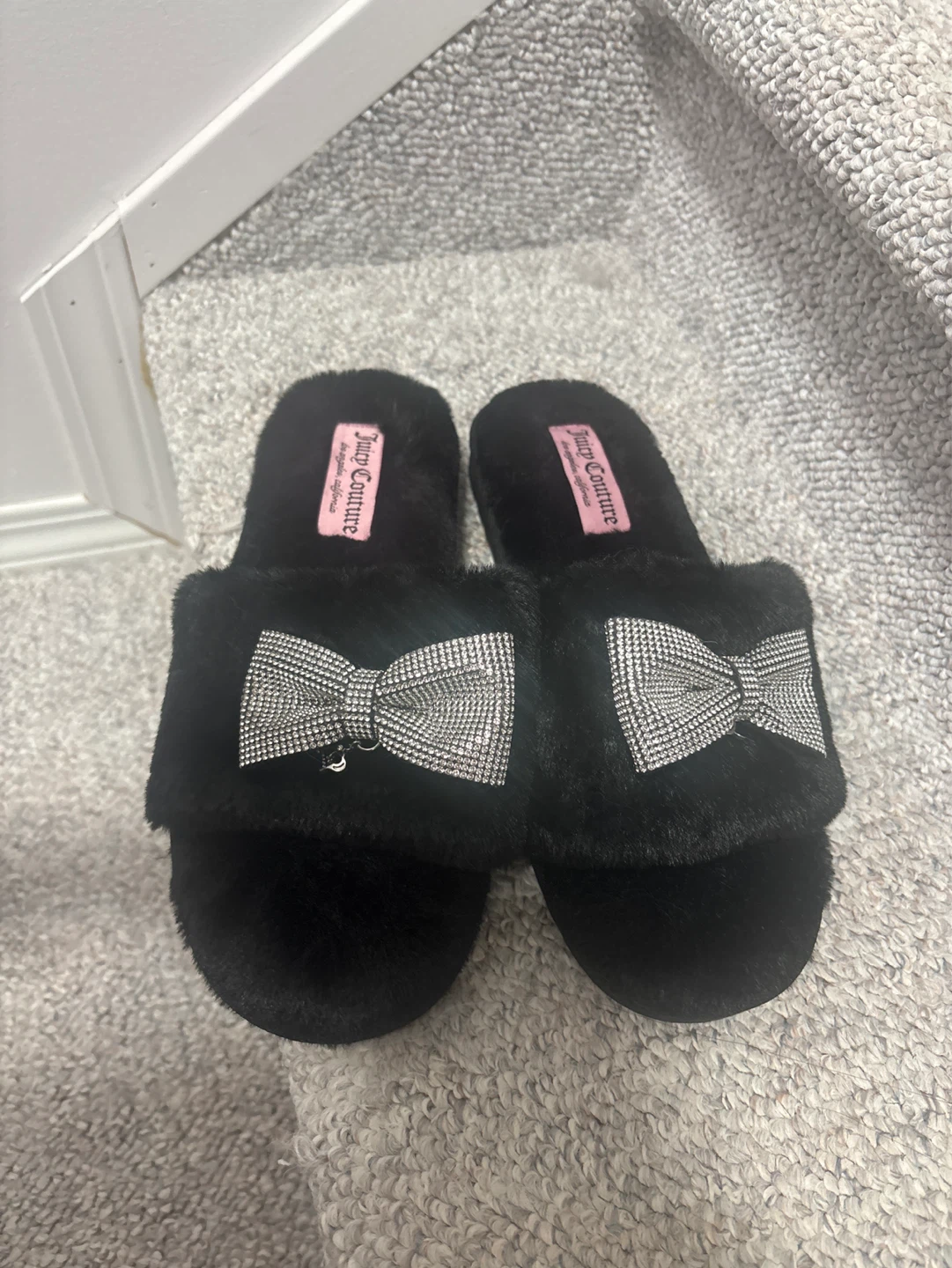 Juicy Couture Black Faux Fur Slippers with Rhinestone Bows