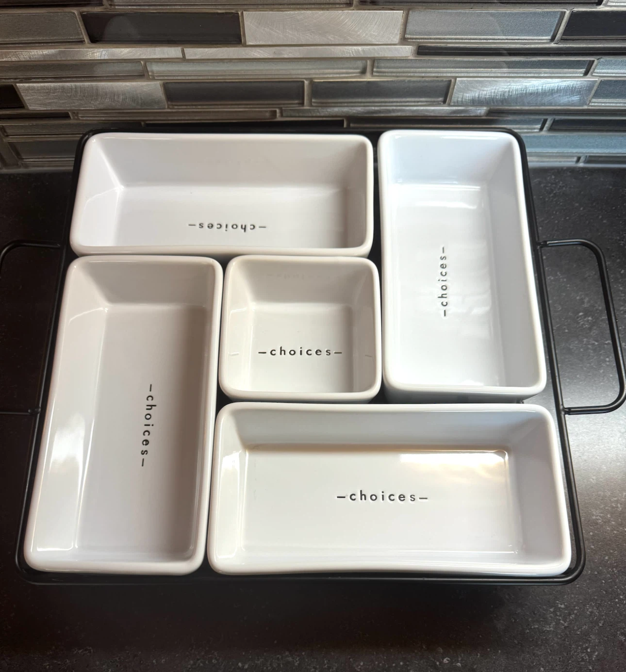 5-Piece Serving Set in a wire caddy.