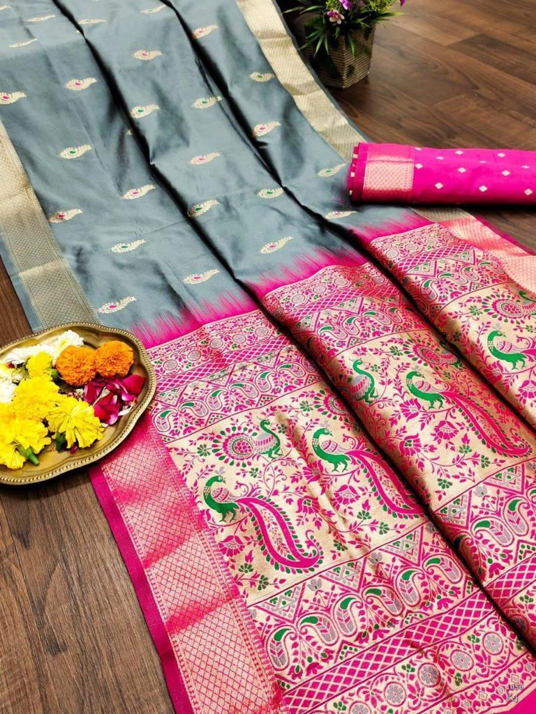 Grey Silk Saree with Pink Border closing business sale