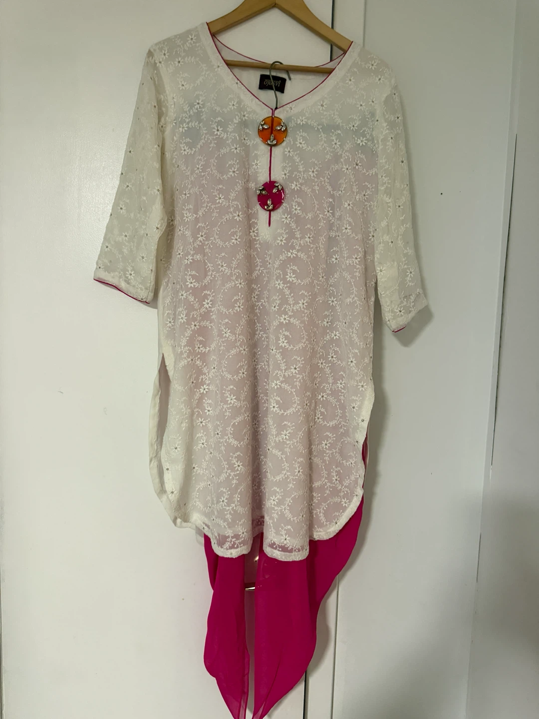 Ojasvi White Embroidered Kurta with Pink Pants Set