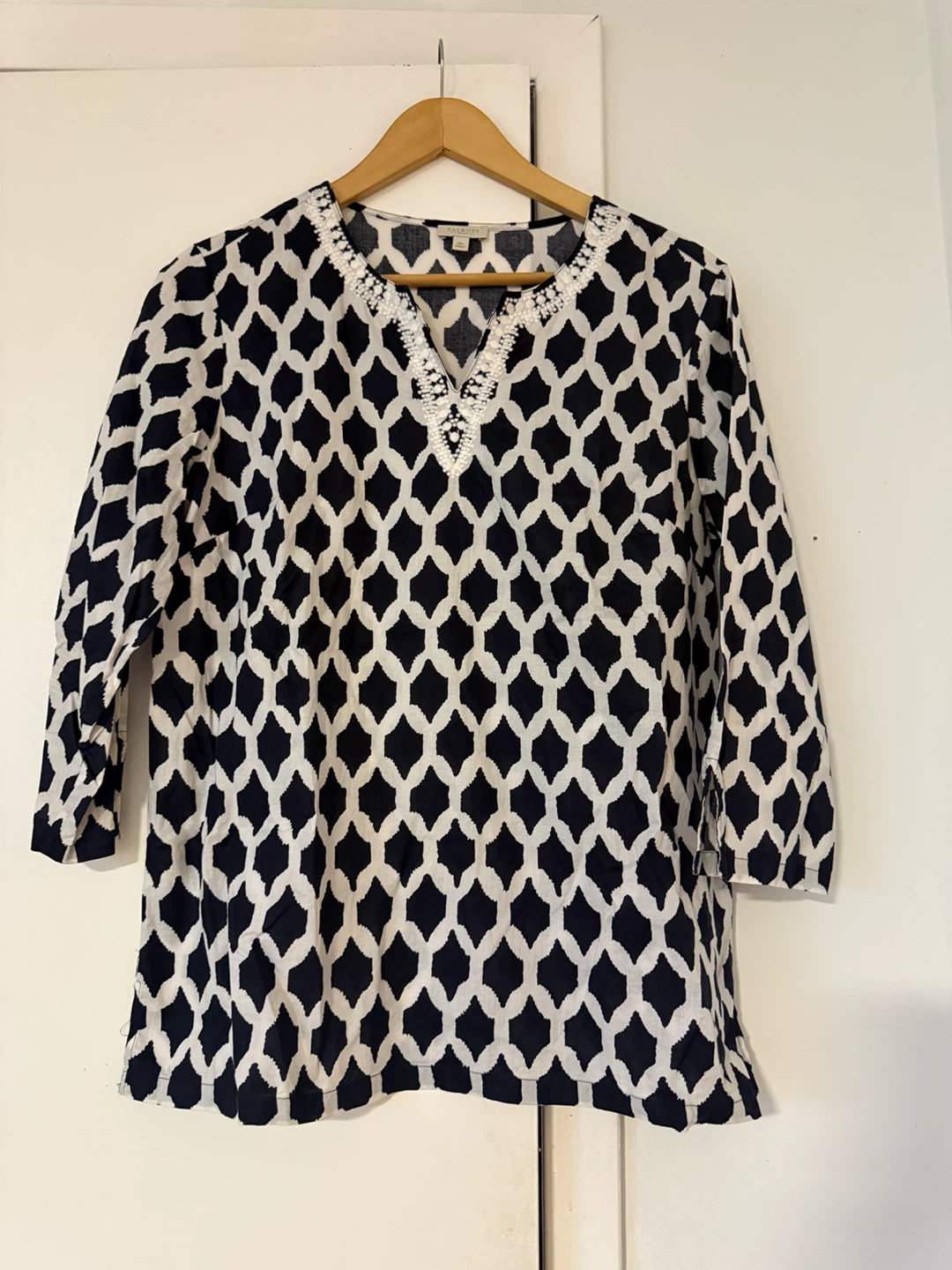 Talbots Petites Navy & White Patterned Cotton Tunic Shirt
