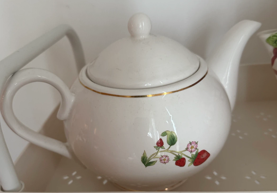 White Teapot with Strawberry Design