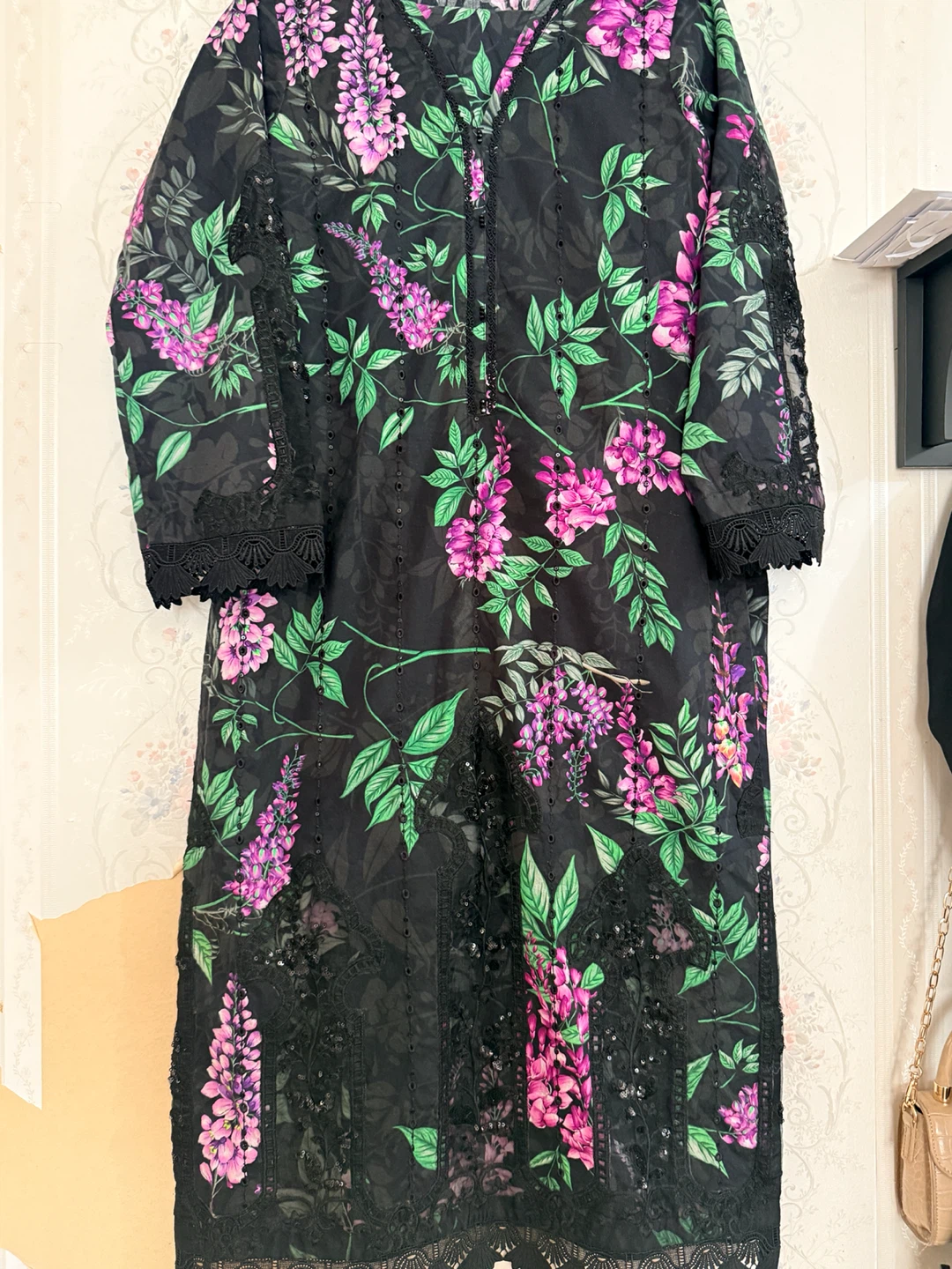 Black Floral Print Kurti with Pink Flowers