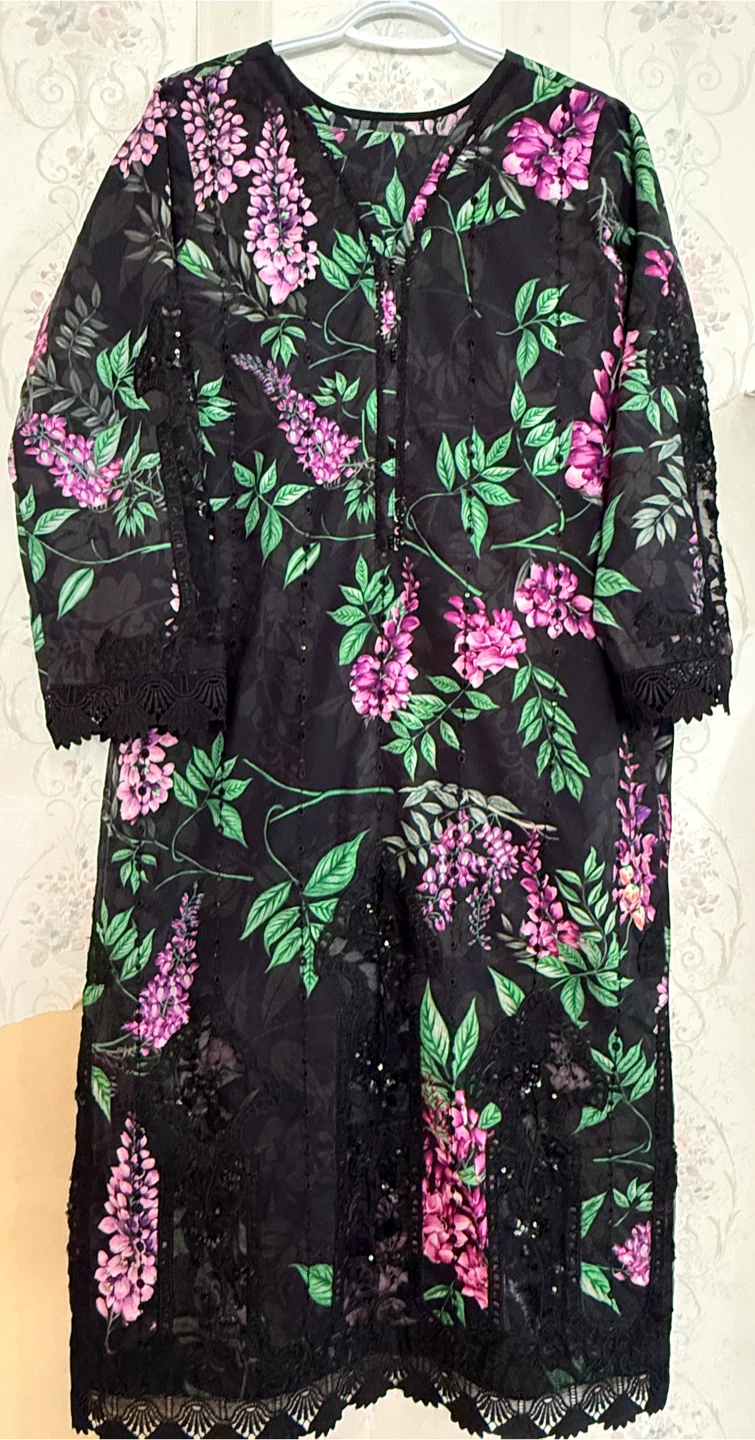 Black Floral Print Kurti with Pink Flowers - photo 4