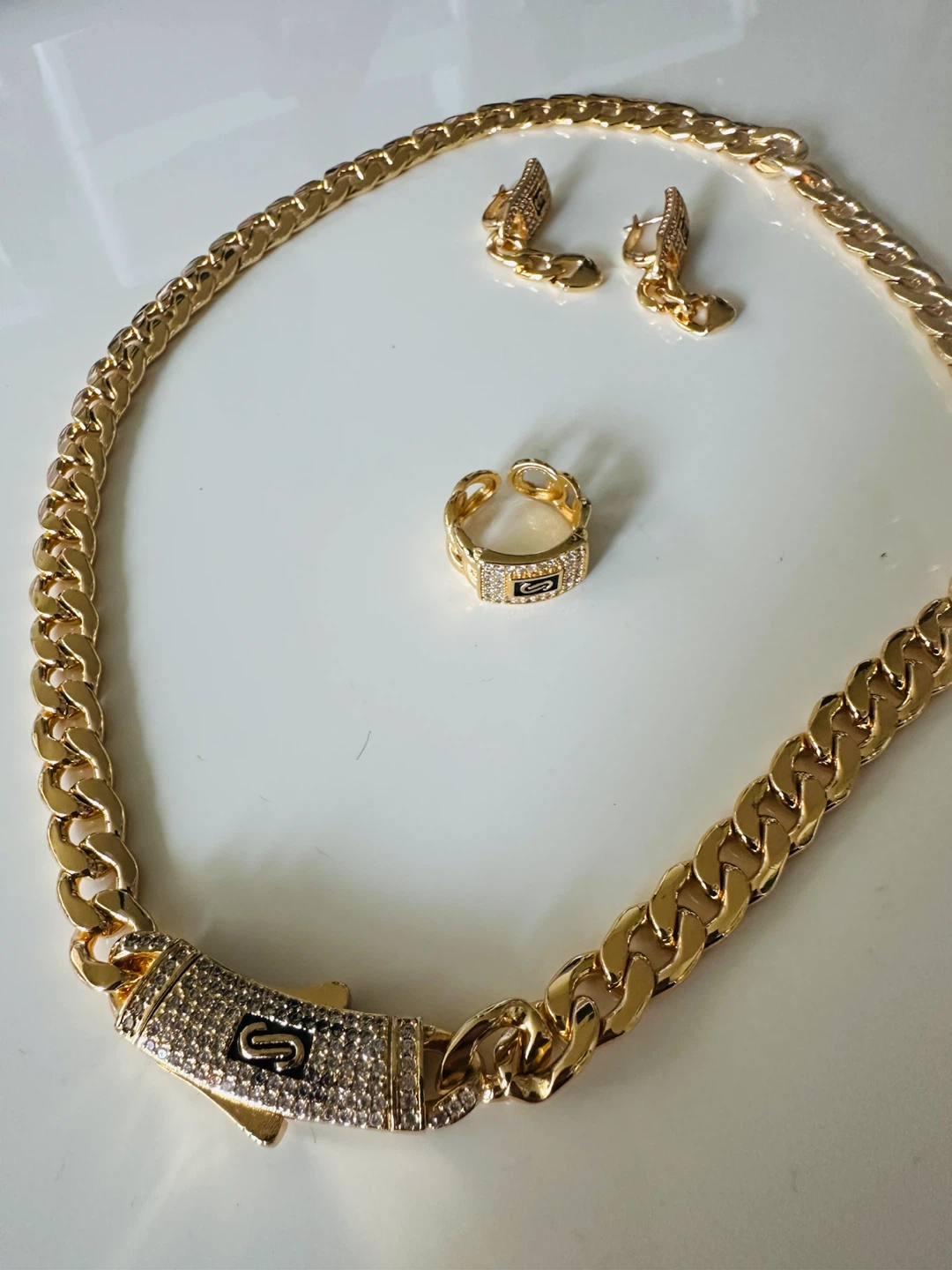 Gold Cuban Link Chain Necklace Set with Earrings and Ring