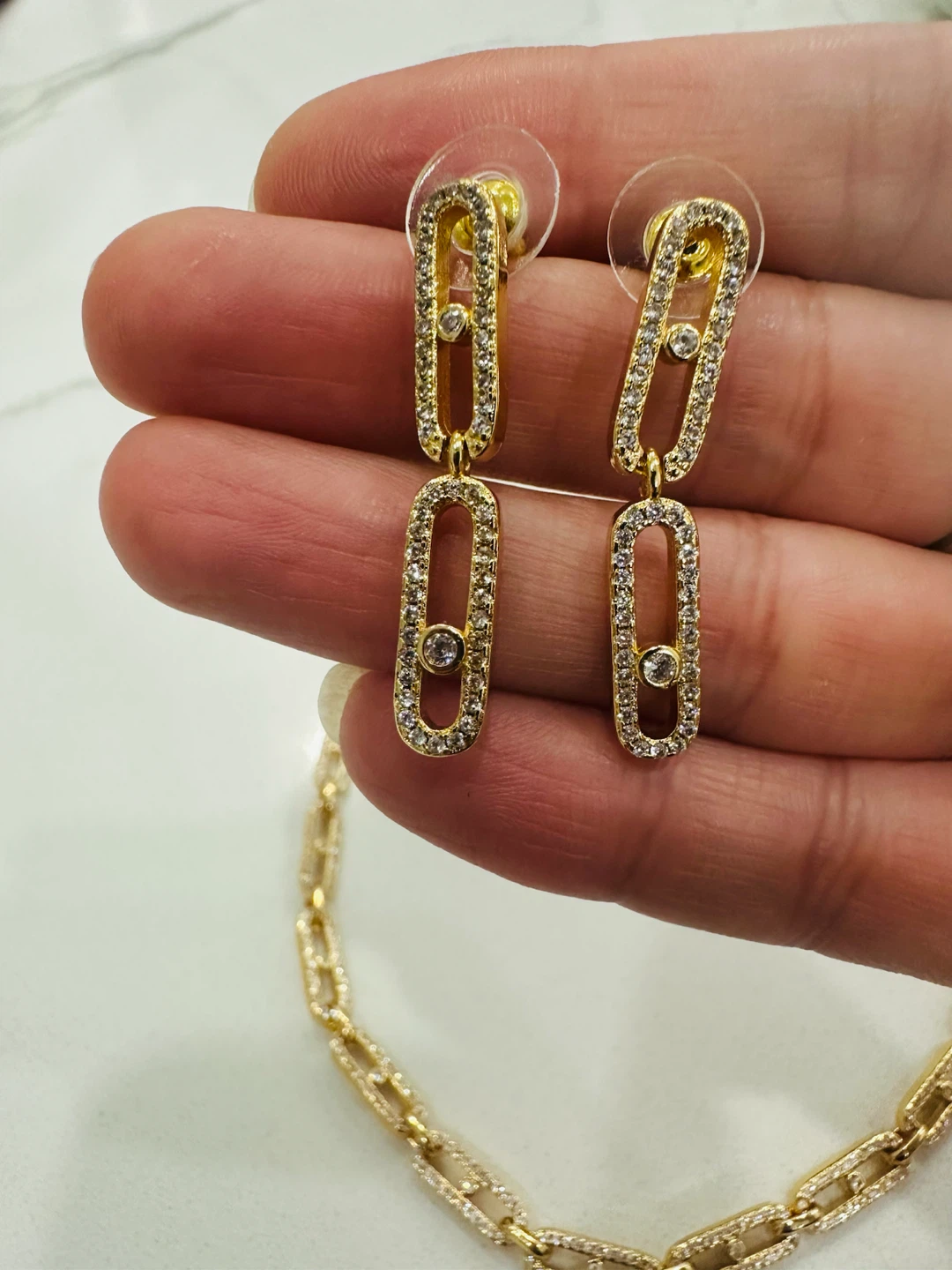 Gold Tone Chain Necklace and Earrings Set with Rhinestones