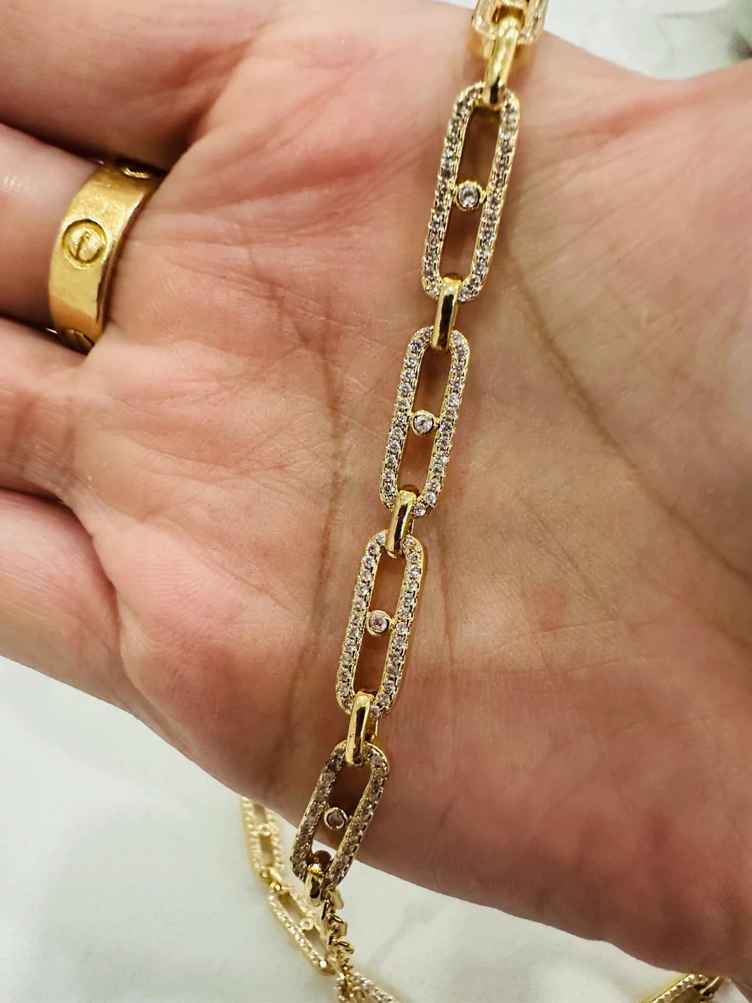 Gold Tone Chain Necklace and Earrings Set with Rhinestones - photo 2