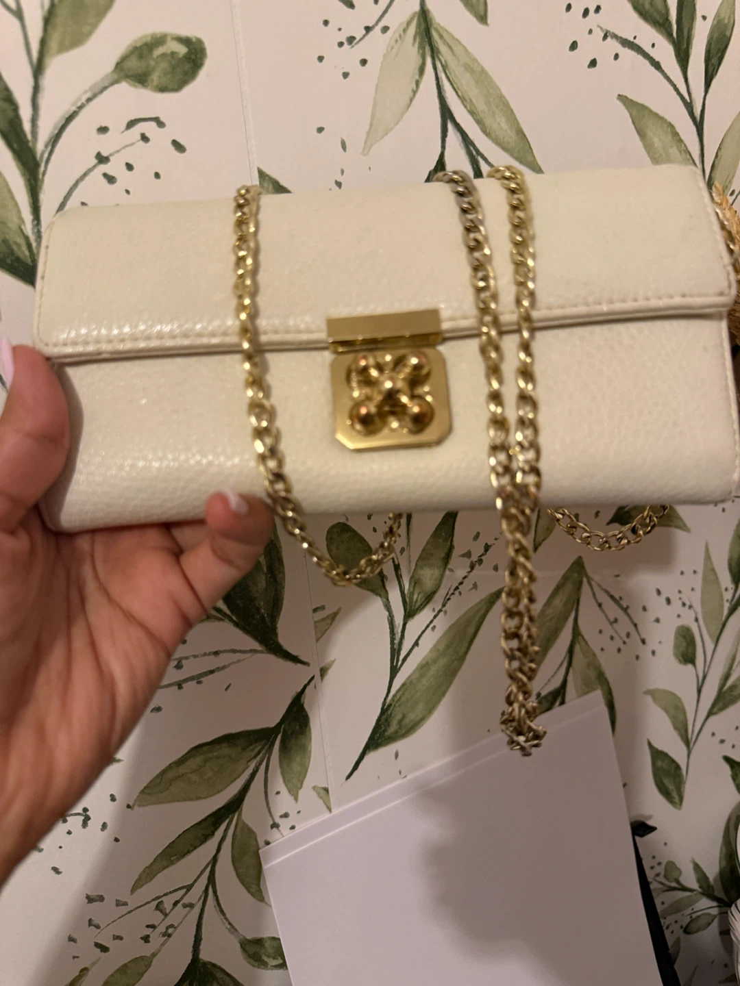 Cream Textured Wallet Clutch with Gold Chain