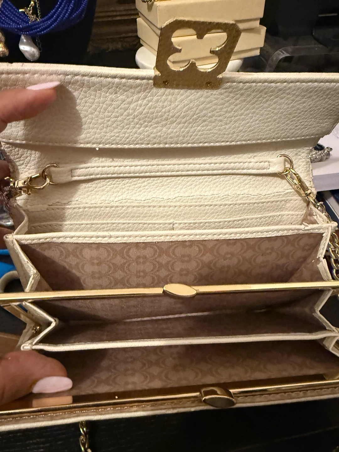 Cream Textured Wallet Clutch with Gold Chain - photo 3