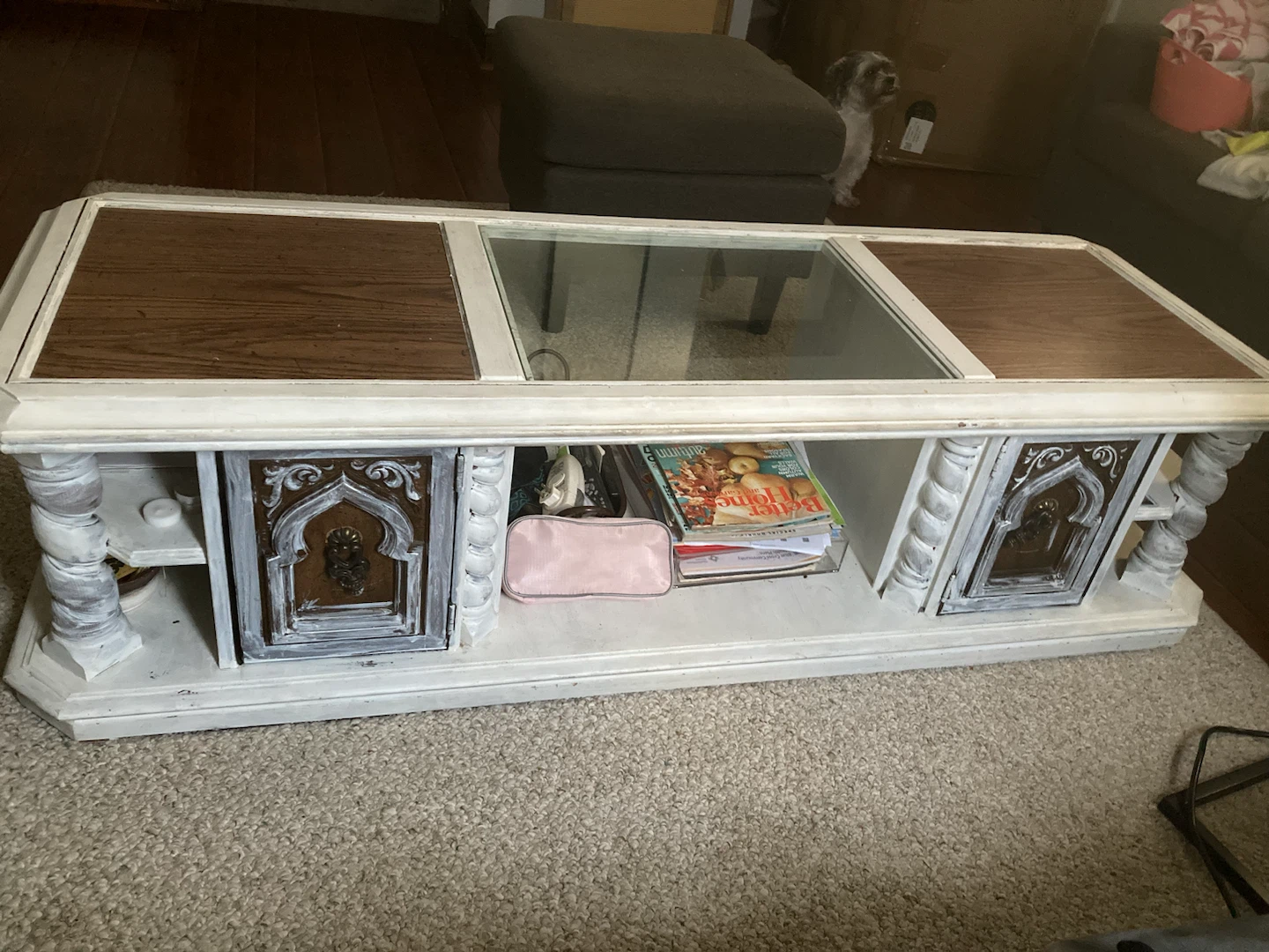 Vintage Coffee Table with Glass Top and Storage Shelf
