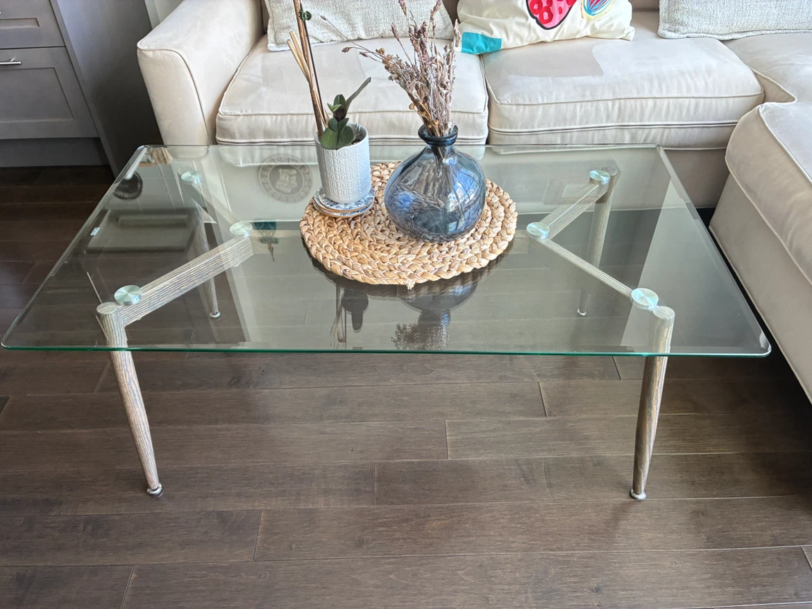 MOVING SALE! Glass Top Coffee Table with Wood Legs