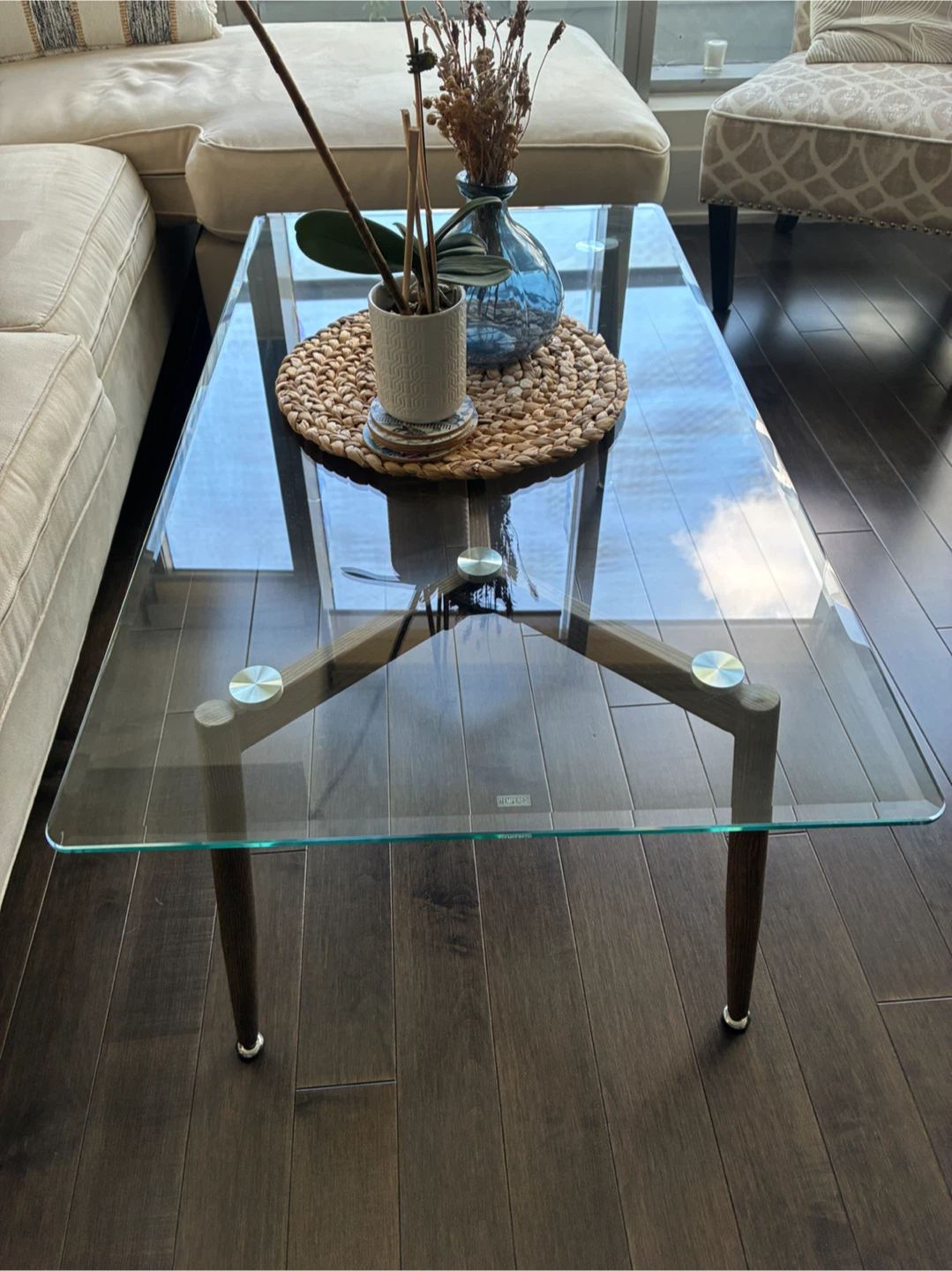 MOVING SALE! Glass Top Coffee Table with Wood Legs - photo 2