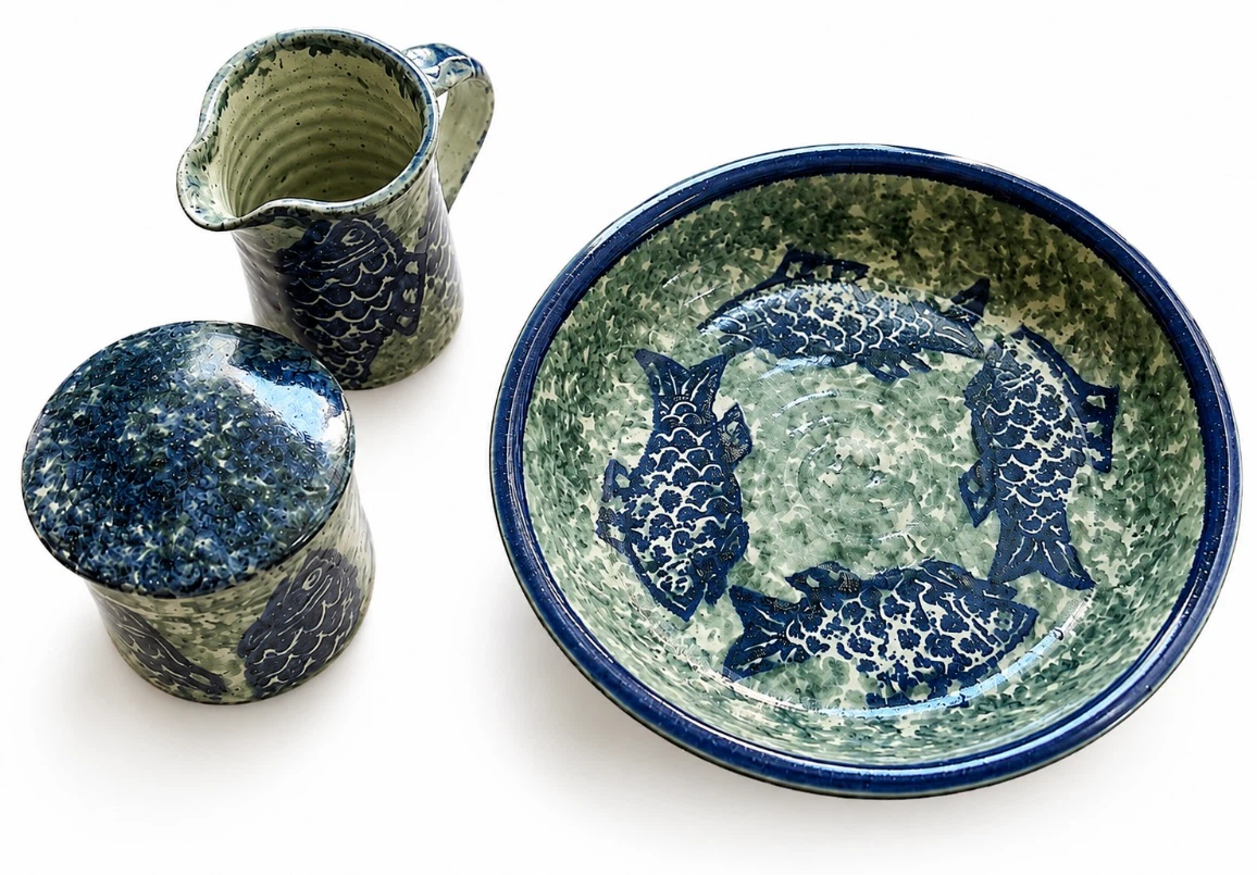 Handcrafted Stoneware Serving Set with Fish Design