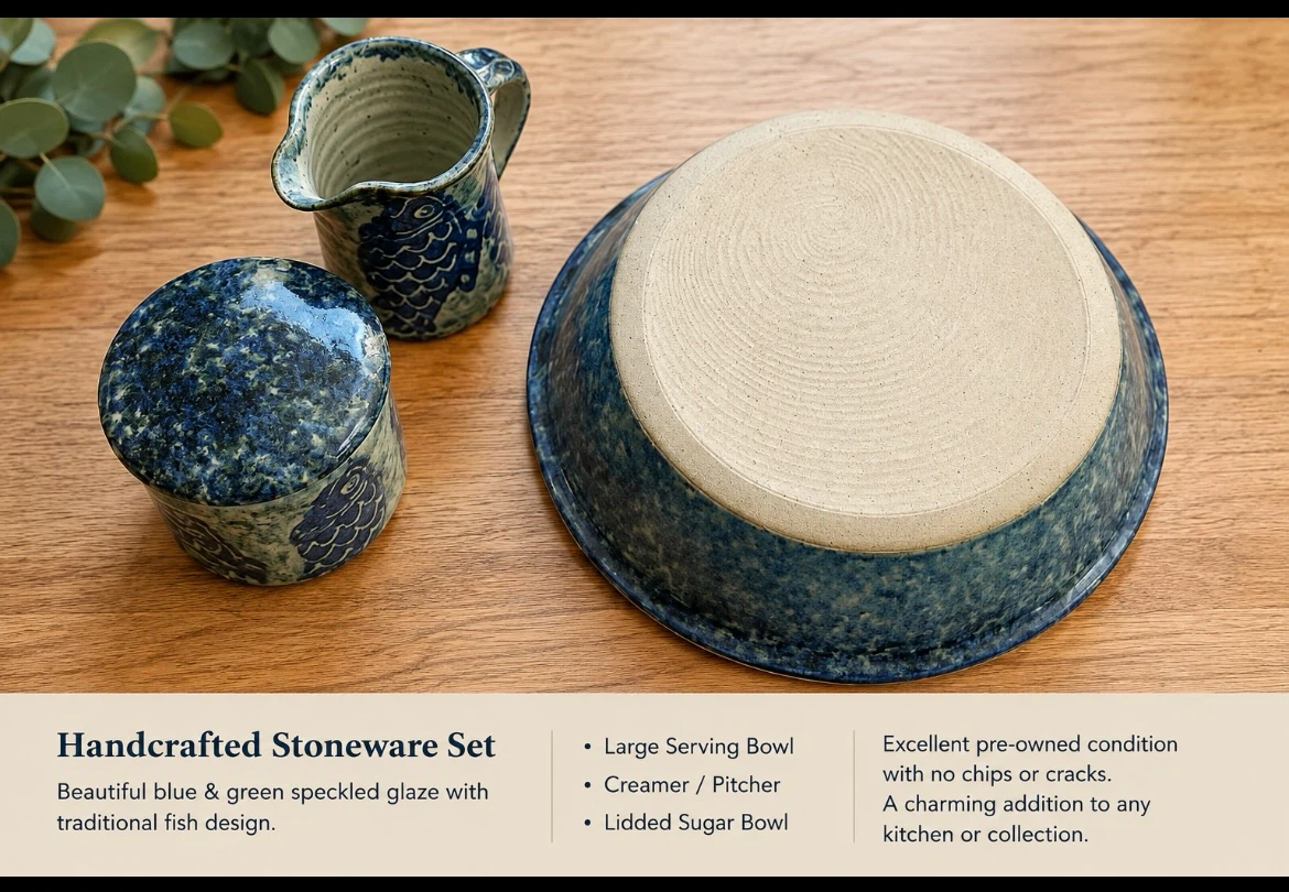 Handcrafted Stoneware Serving Set with Fish Design - photo 4