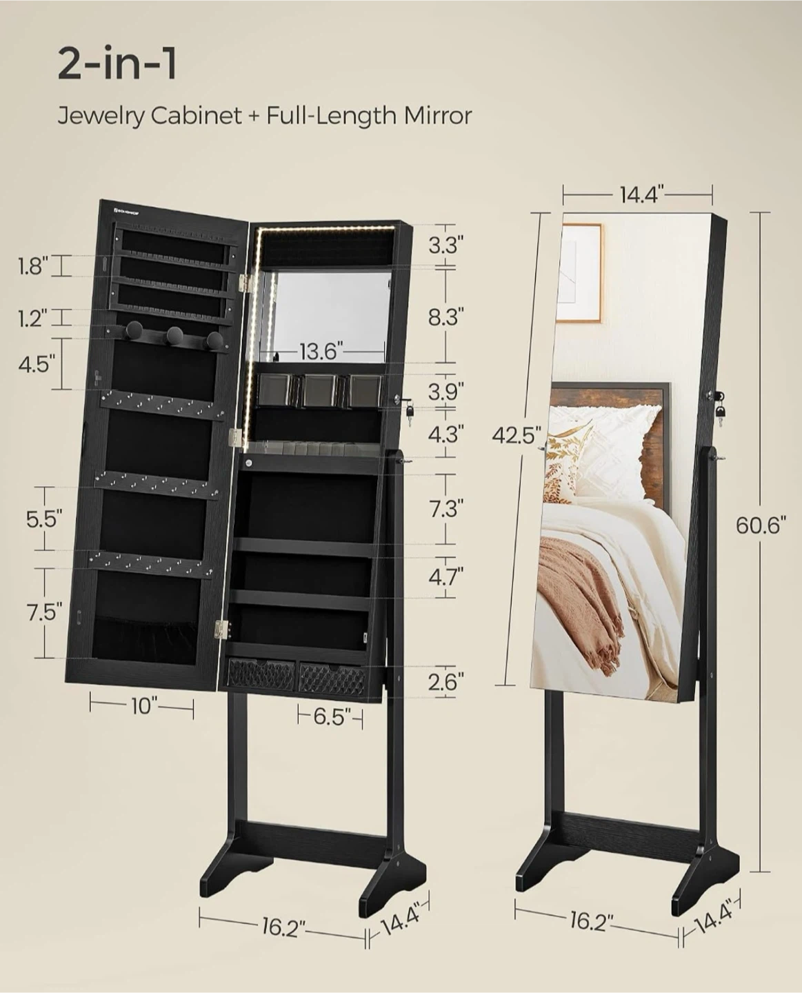 Jewelry Cabinet with Full-Length Mirror