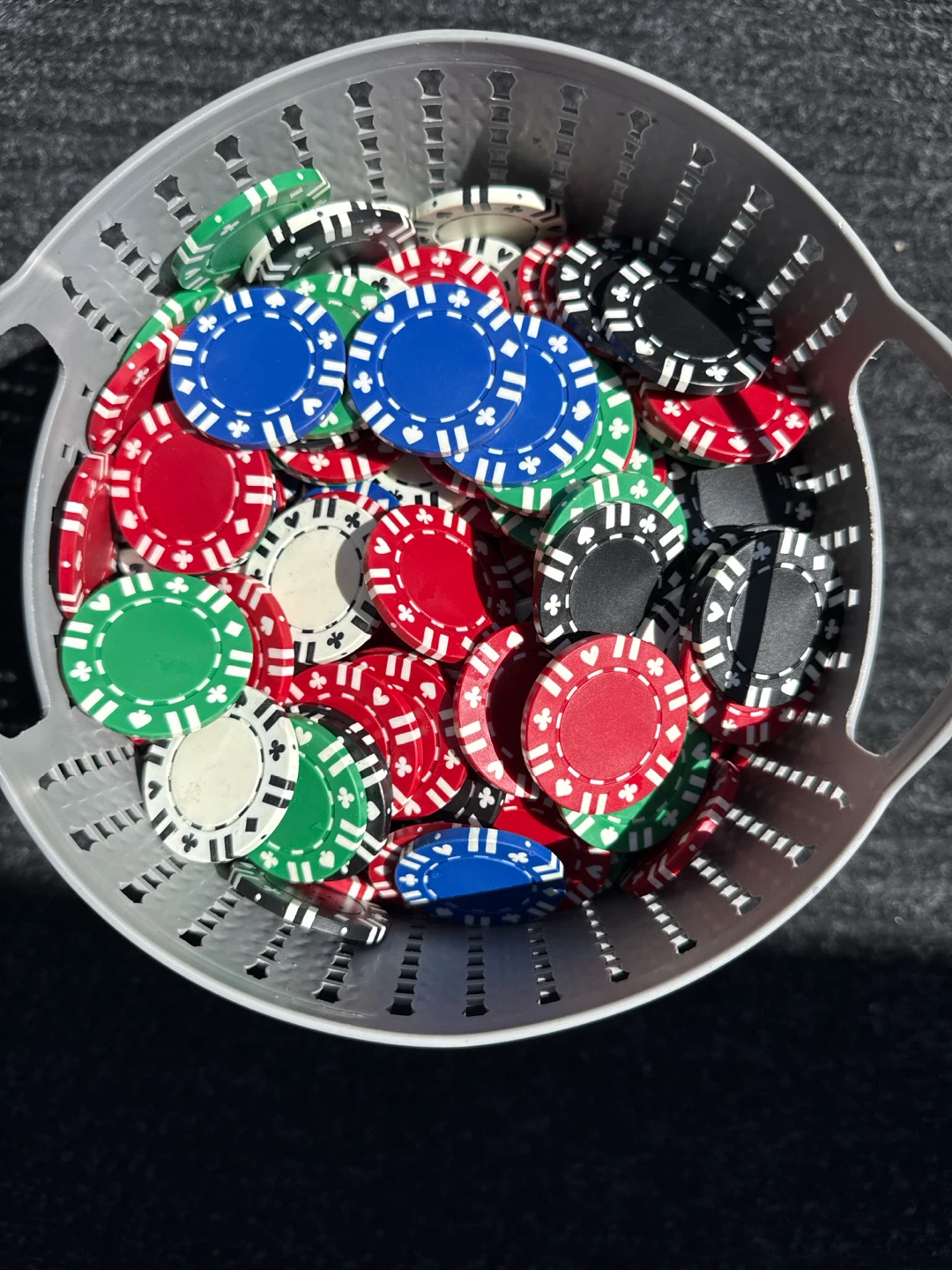 Big bucket of Assorted Poker Chips in Basket