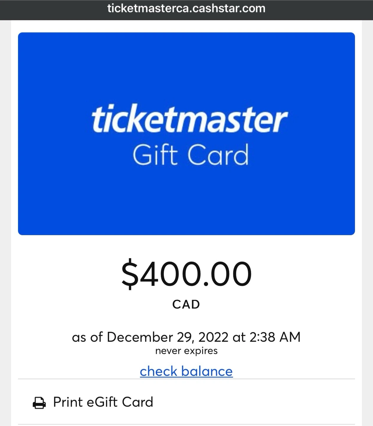 Ticketmaster $400 CAD Gift Card