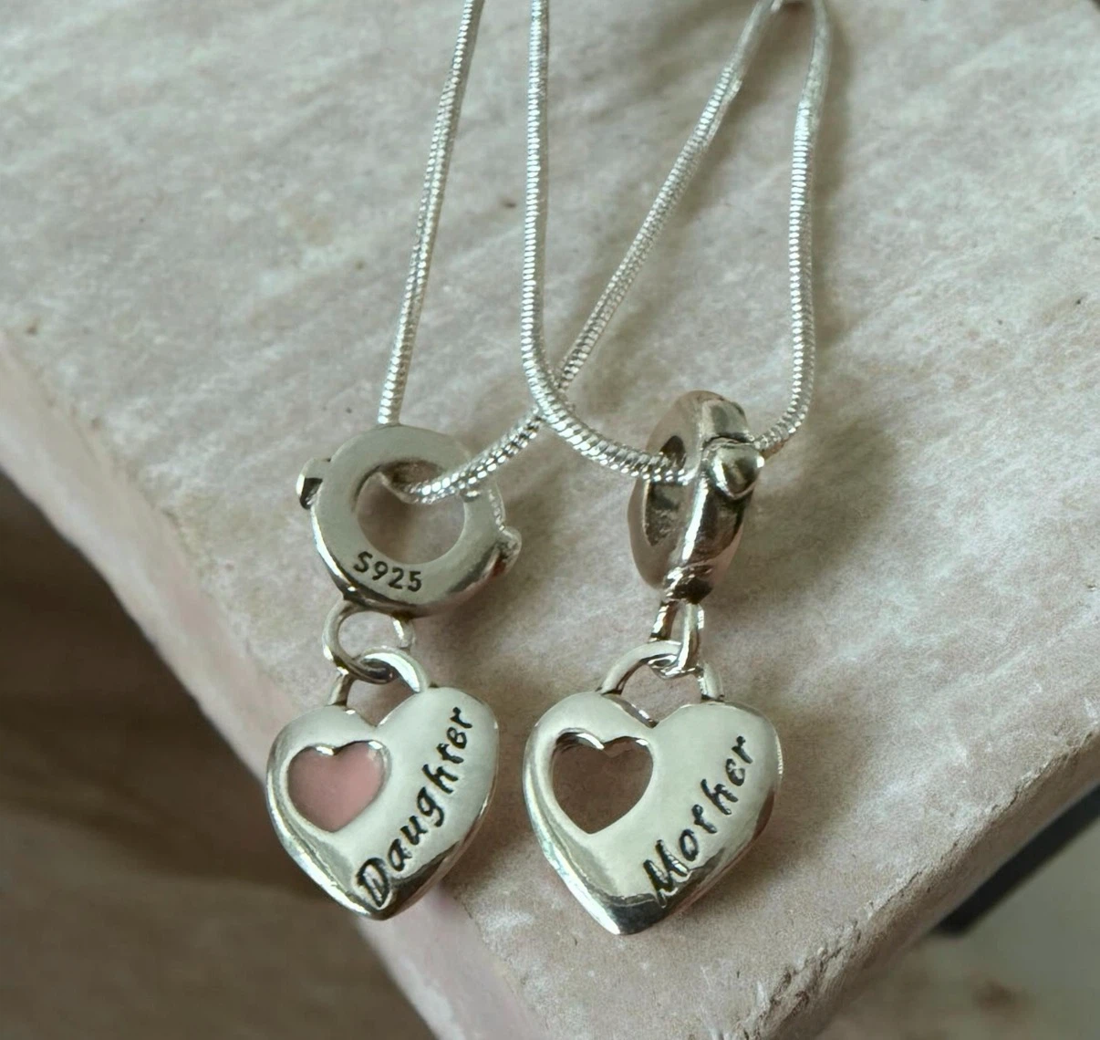 S925 Silver "Mother & Daughter" Heart Charm Necklace