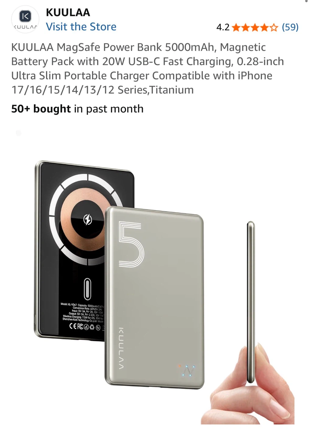 KUULAA MagSafe Power Bank 5000mAh, Magnetic Charger